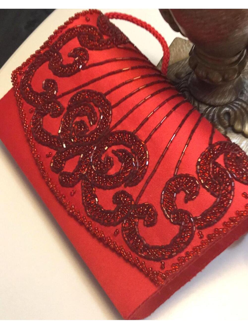 NWT Red Beaded Satin Clutch Evening Bag Formal Party Purse